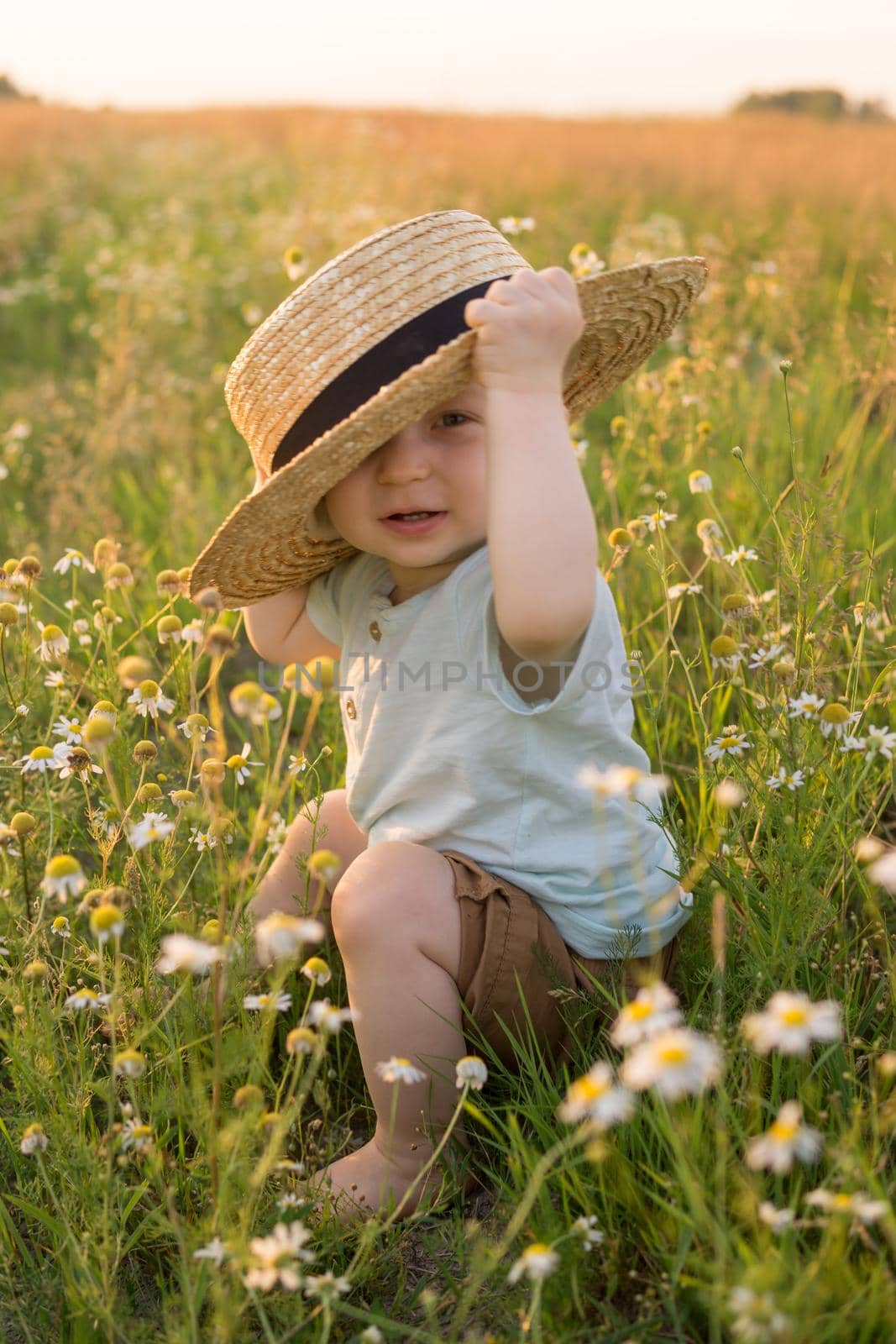 A little blond boy in a straw hat is sitting in the grass in a chamomile field. The concept of walking in nature, freedom and an environmentally friendly lifestyle. by Annu1tochka