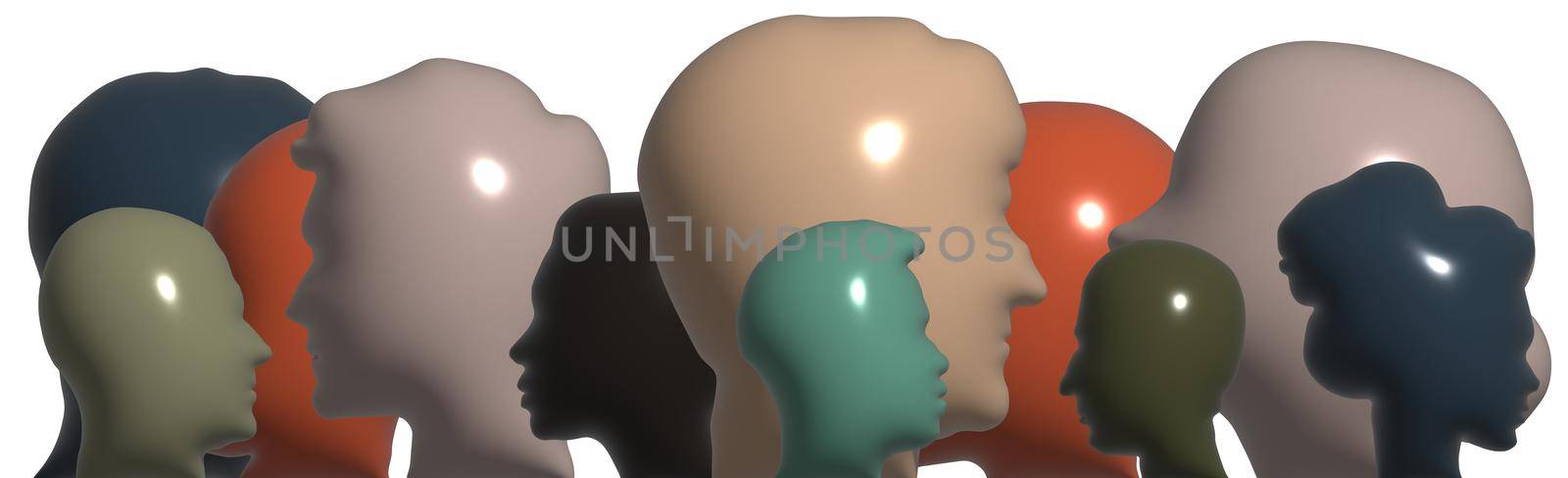 Volumetric faces multicolored silhouettes of men and women - 3d illustration by BEMPhoto