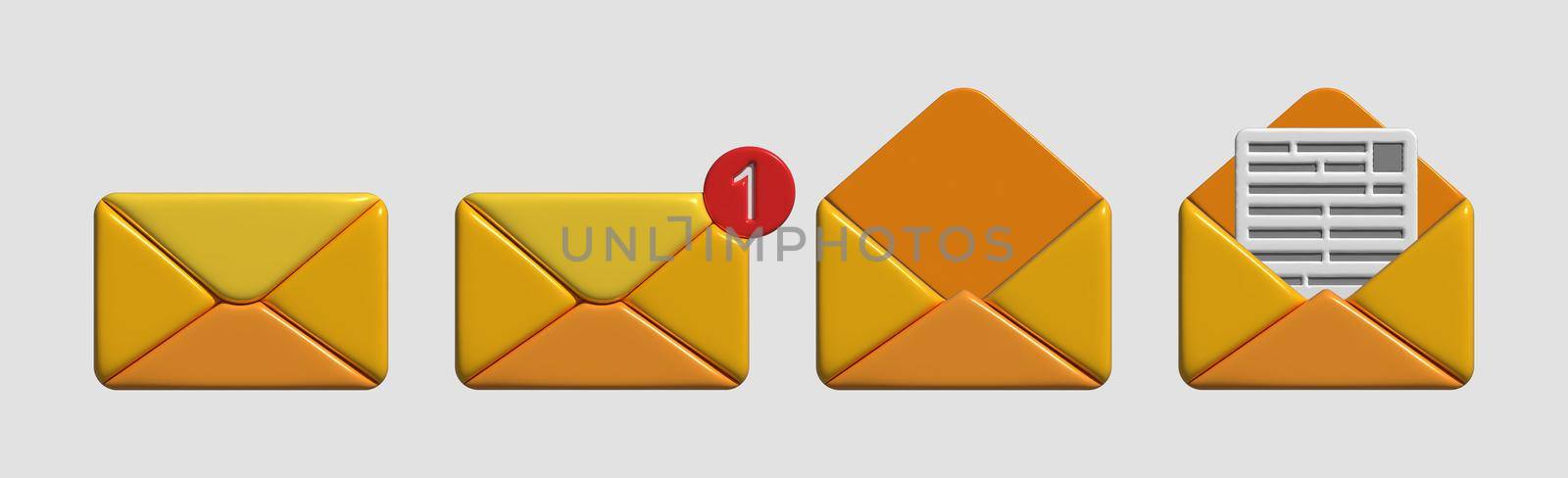 Set of 4 pcs orange voluminous envelopes letter message 3d illustration