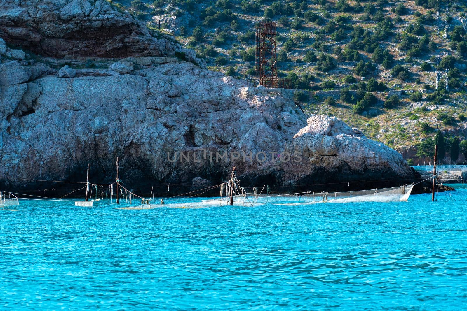Network crimea cembalo bay fortress balaklava flying balaclava mountain rock, for sea landscape in travel from hill boat, europe view. Background marina stone, by 89167702191