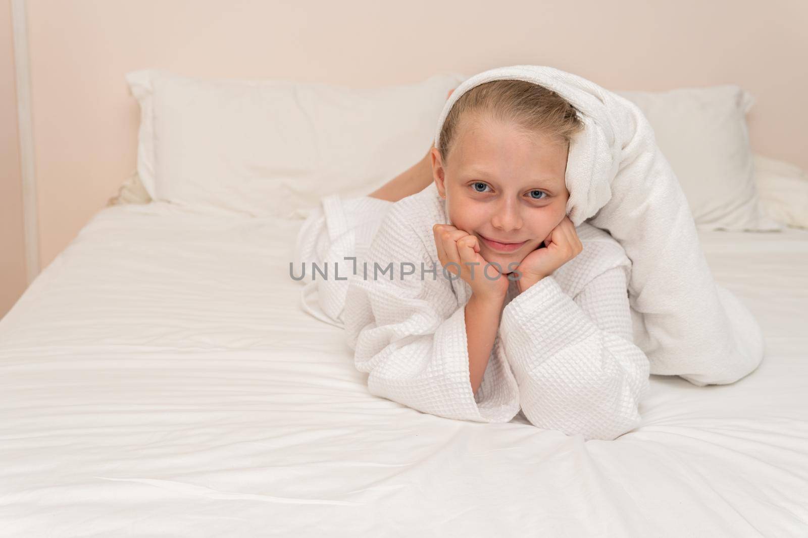 Elbows bathrobe copyspace smile Creek coffee bed girl white morning, concept woman hotel for shower and beautiful style, little bathing. Hair funny fashion,