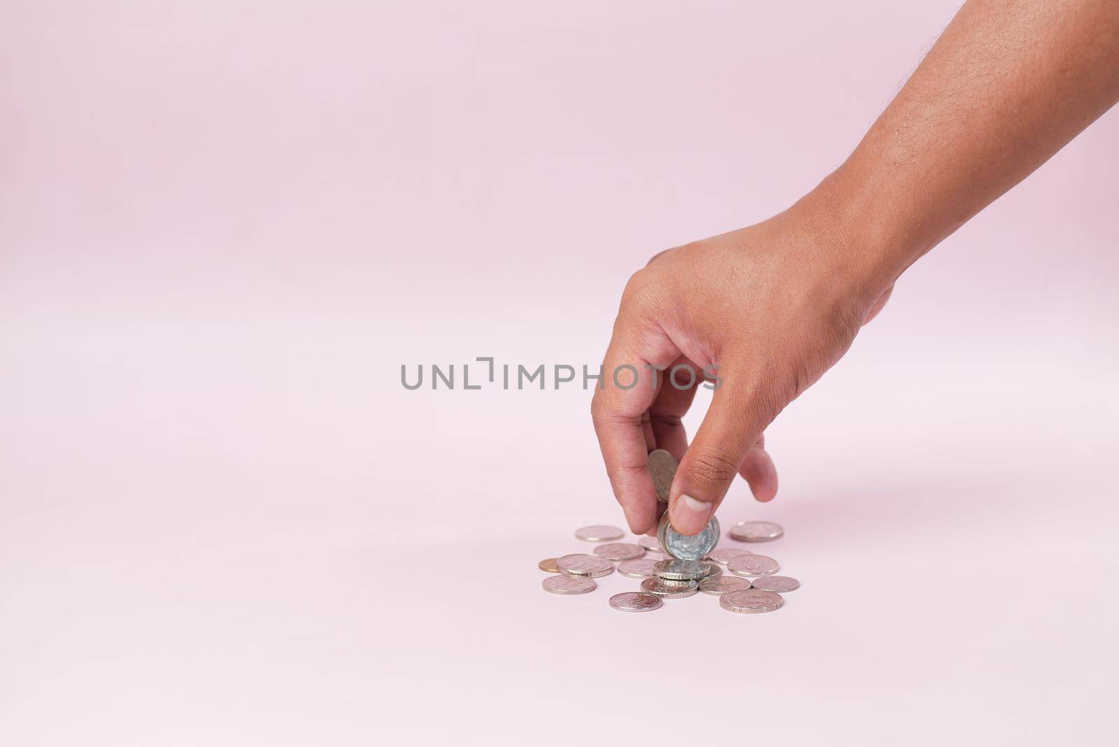 Close up of man hand counting coins ,