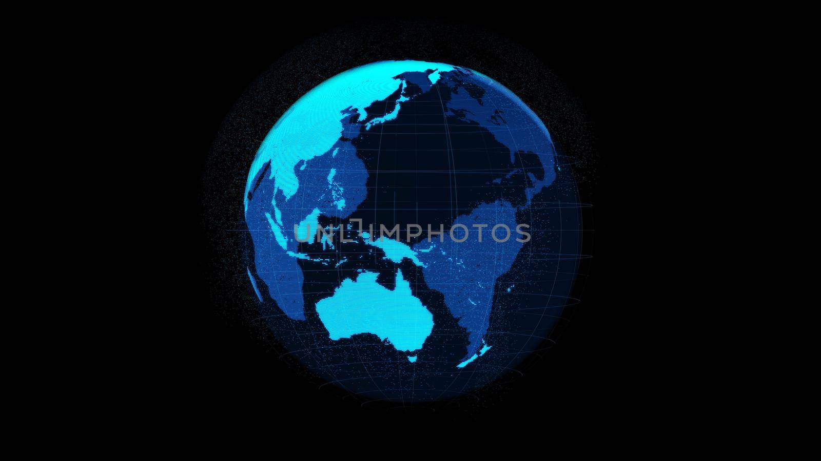 3D Digital orbital earth in cyberspace showing concept of network technology . Hologram of globe sphere graphic connect to internet presents global communication and connection network . 3D render .