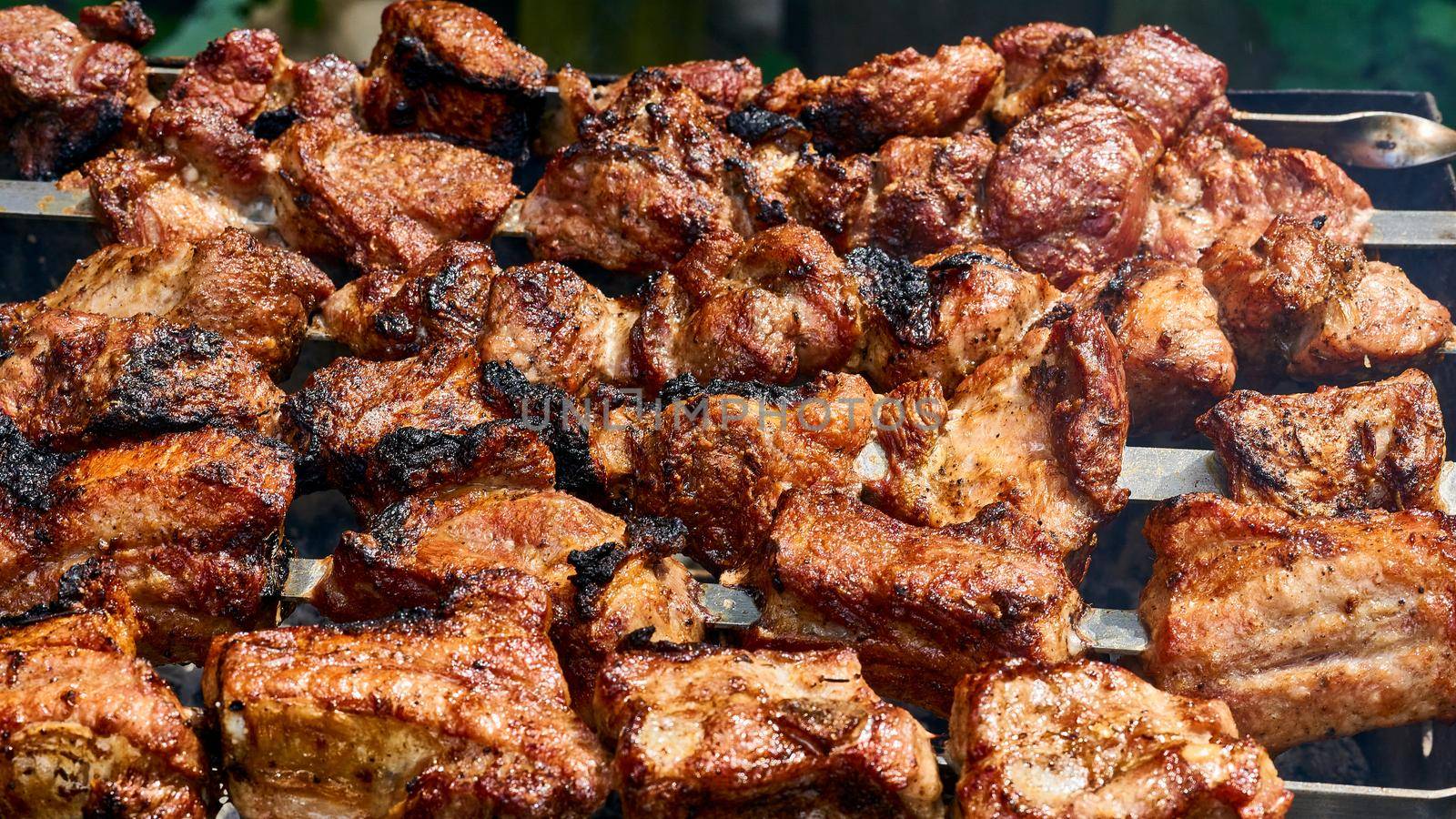 A meal or gathering at which meat, fish is cooked out of doors on a rack over an open fire or on a portable grill. Delicious piece of meat and potato fried over the fire at a picnic.