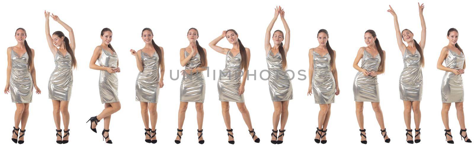 Set collection collage of full length portraits of young dancing girl in silver dress isolated over white background