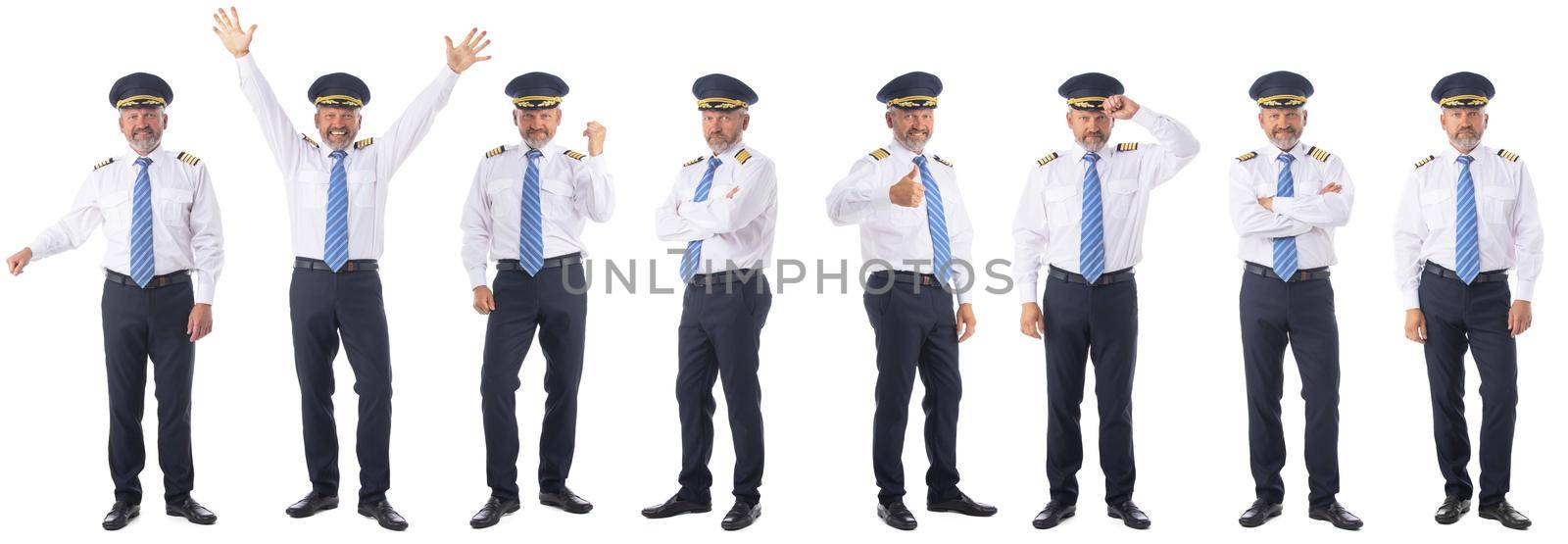 Set of full length portraits of airline pilot wearing the four bar Captains epaulettes, firlst pilot, aircraft commander, isolated on white background