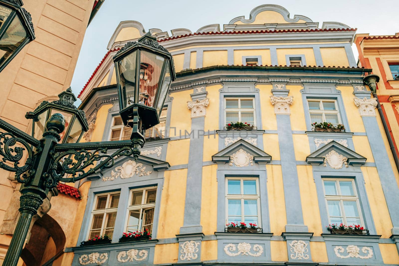 Prague, Czech Republic - July 2022. Amazing european architecture, historical facade of baroque styled building. Old town square. High quality photo