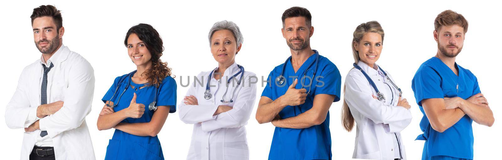 Successful group of doctors standing with arms crossed or giving thumbs up in a row isolated on white background