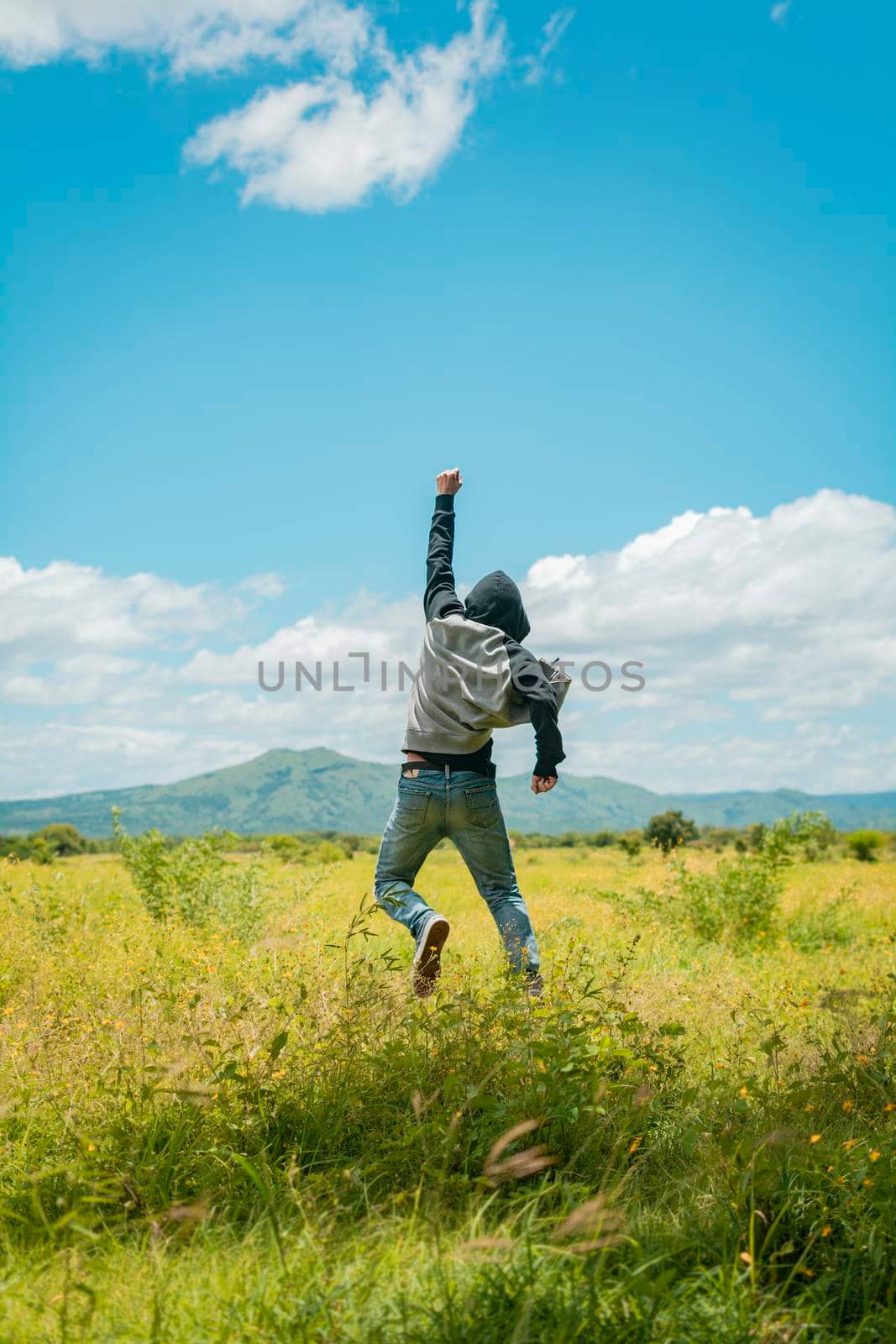 Concept of a free person jumping and raising his arm, Free person jumping with happiness in the field, man from back jumping in a nice field, Rear view of man jumping in the grass raising fist