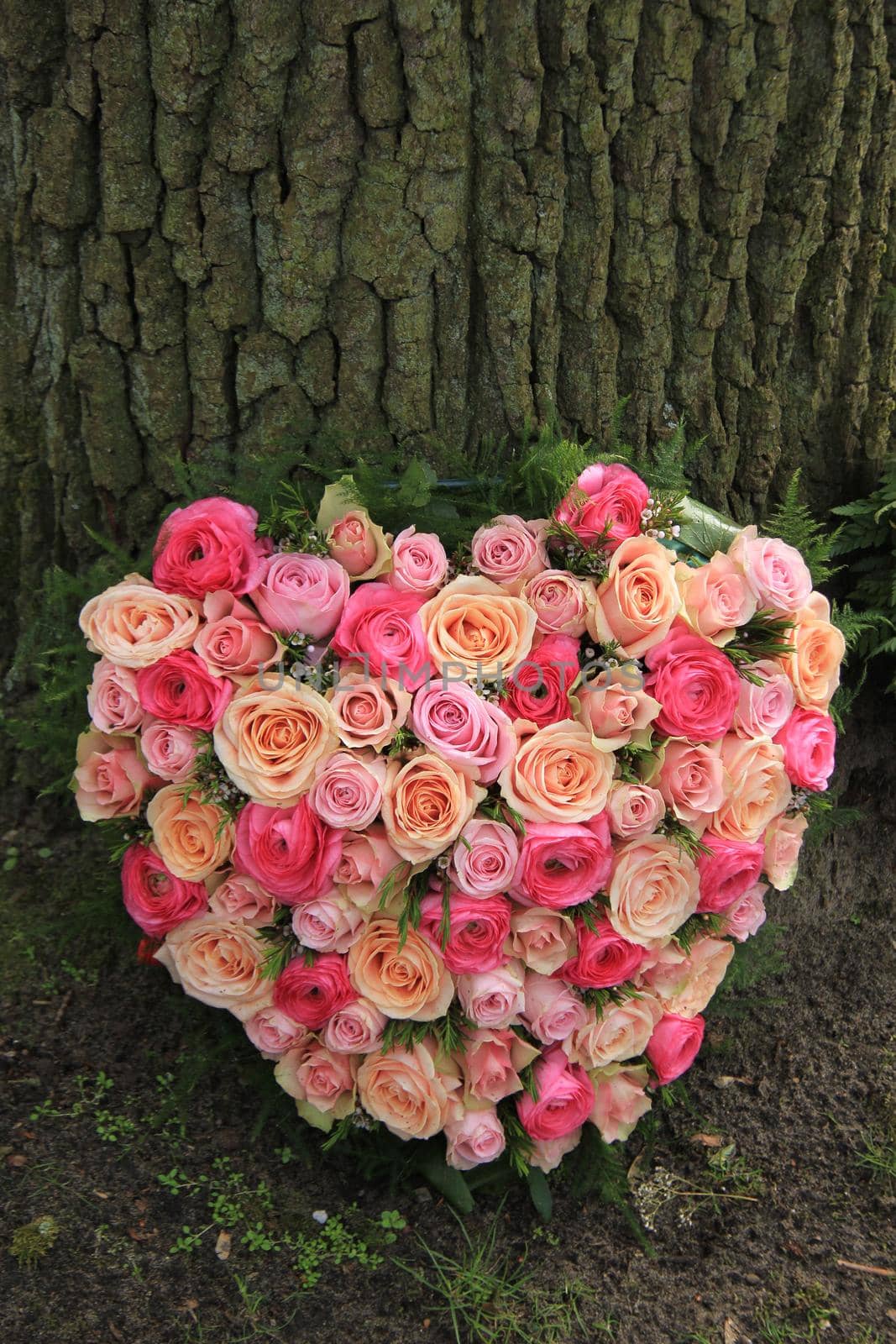 Heart shaped sympathy flowers  or funeral flowers near a tree