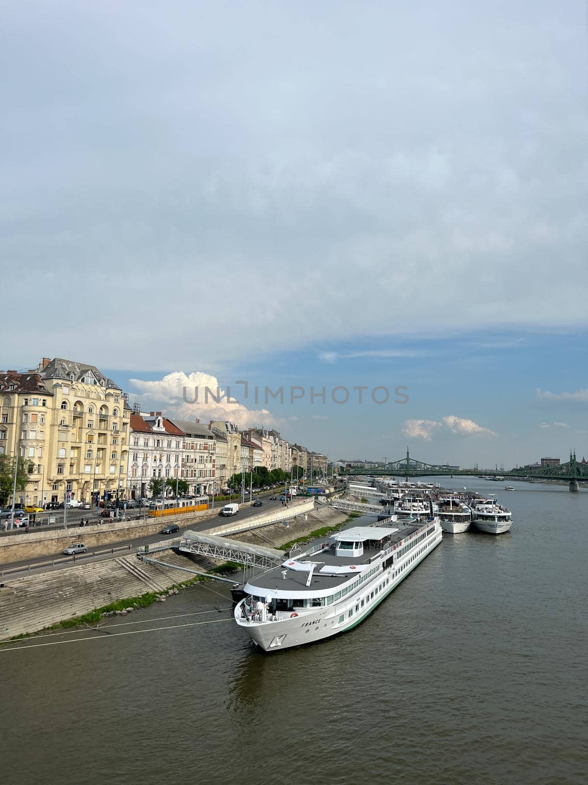 Large tourist ferry at the pier. Budapest, Hungary. High quality photo