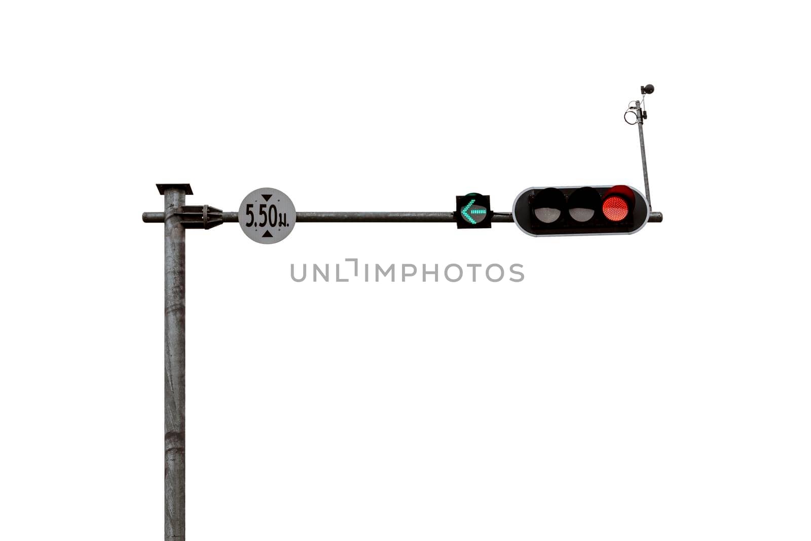 Traffic light pole showing the green light to turn left and the red light do not turn right. by wattanaphob