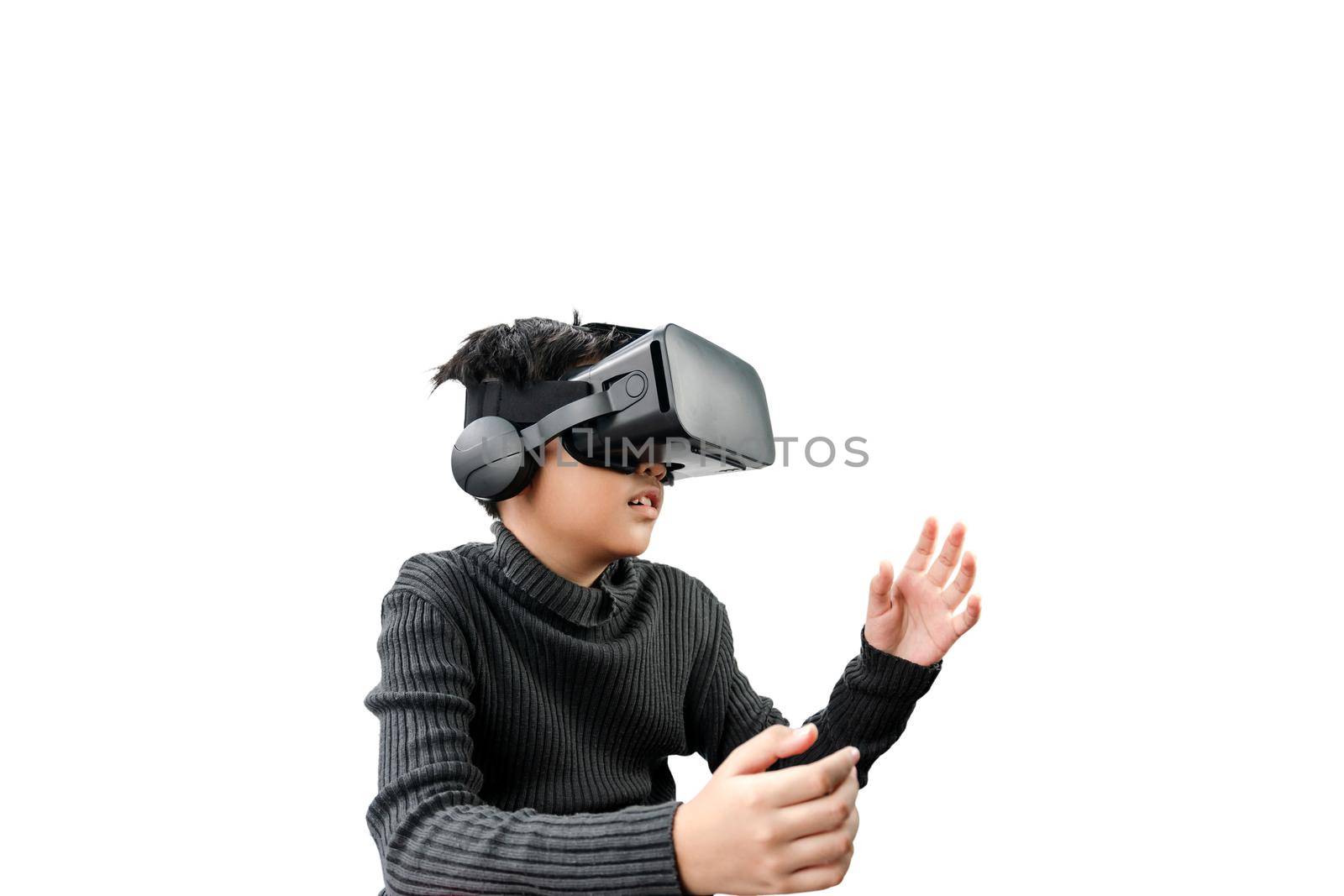 Cute Asian teenage wearing VR glasses headset isolated on white background.