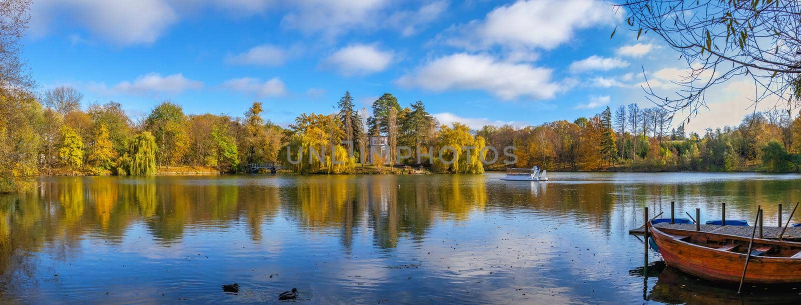 Upper Pond and Anti Circe Island in the Sofievsky arboretum or Sofiyivsky Park in Uman, Ukraine, on a sunny autumn day