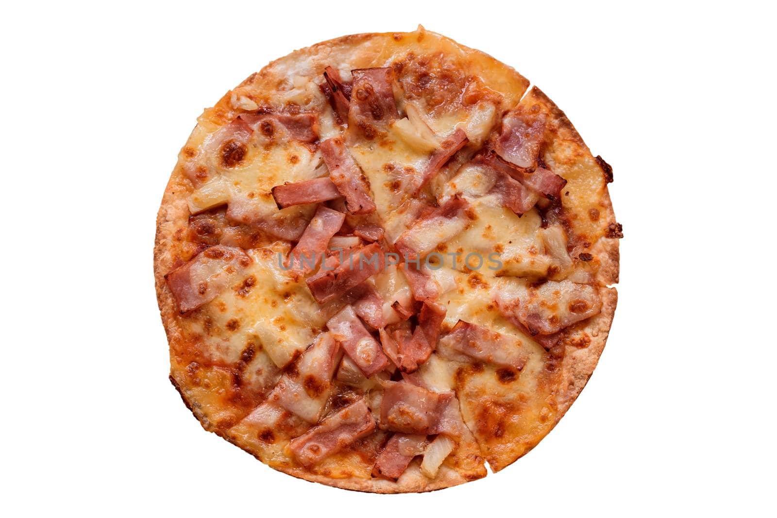 Top view of pizza on a wooden tray isolated on a white background.