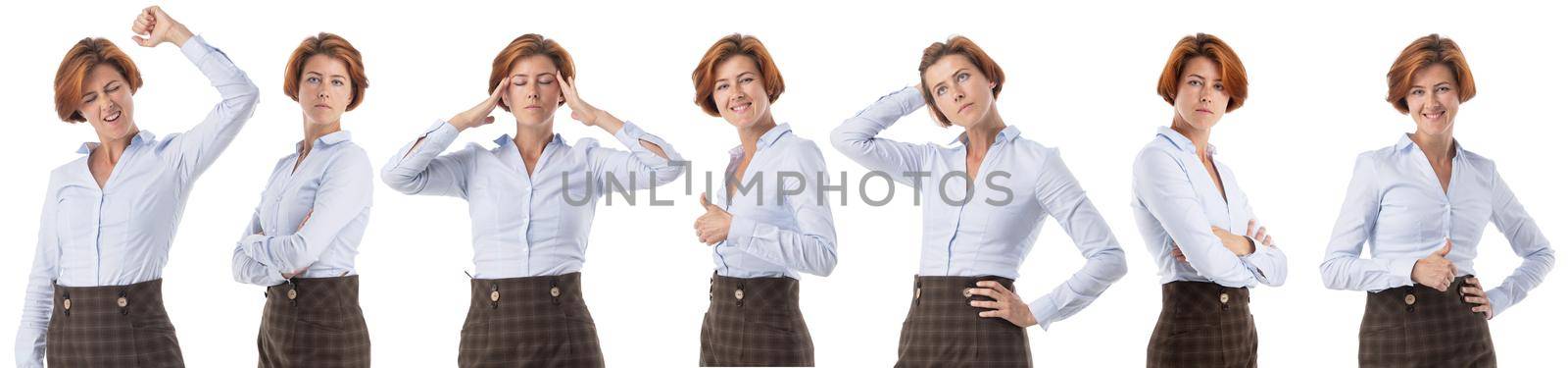 Set collection of portraits of one beautiful business woman showing different emotions isolated on white background