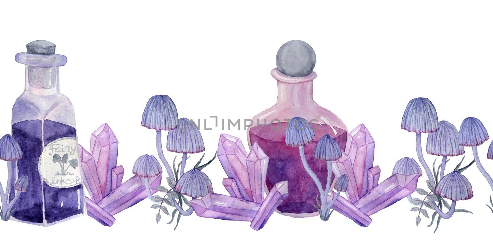 Watercolor hand drawn seamless horizontal border with purple pink potion brew glass mushrooms, forest leaves herbs. Witch wood Halloween frame background, spooky horror clipart. by Lagmar