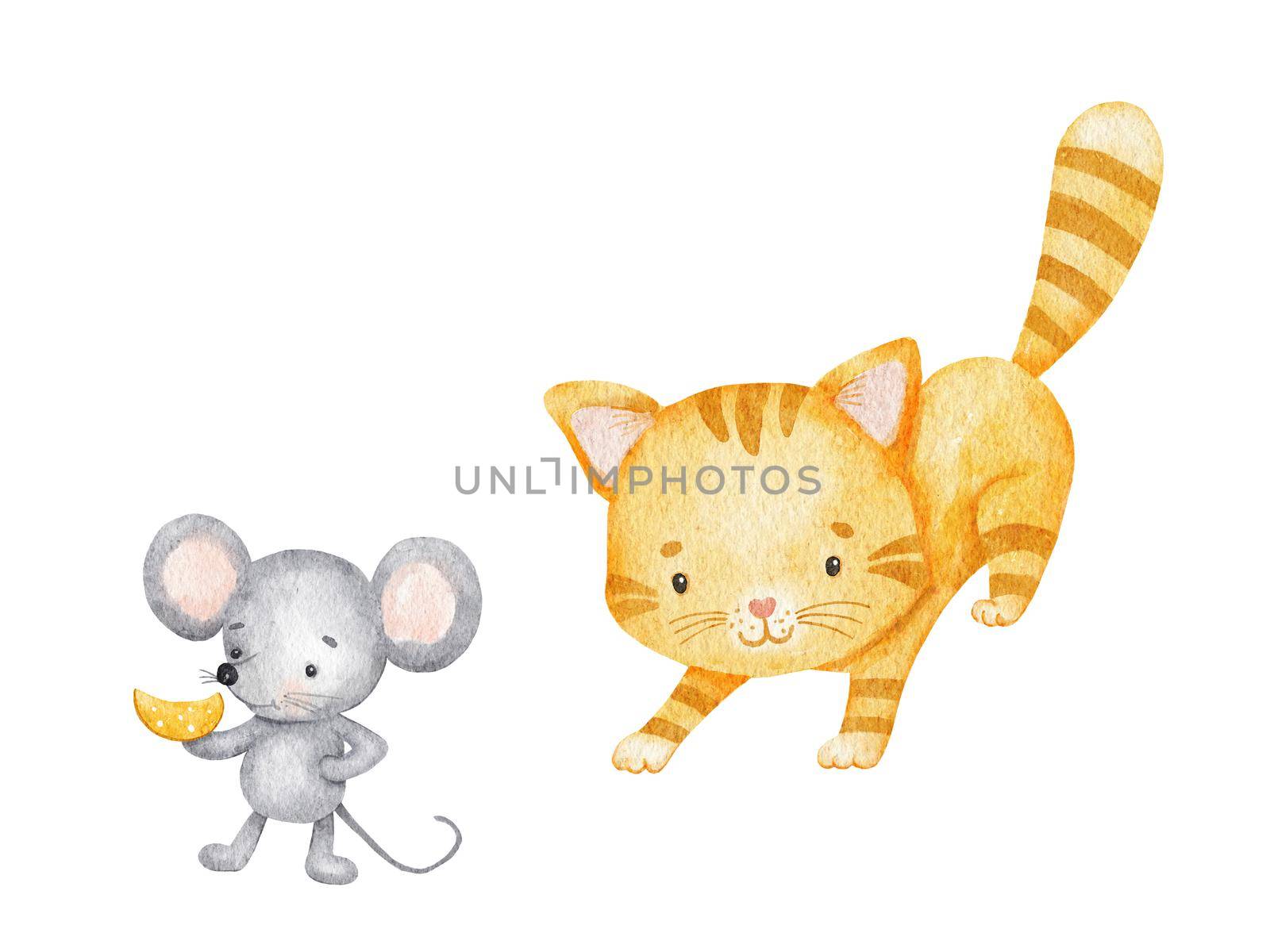 Cute funny cat and mouse with cheese. Watercolor character illustration Isolated on white background. Red kitty playing