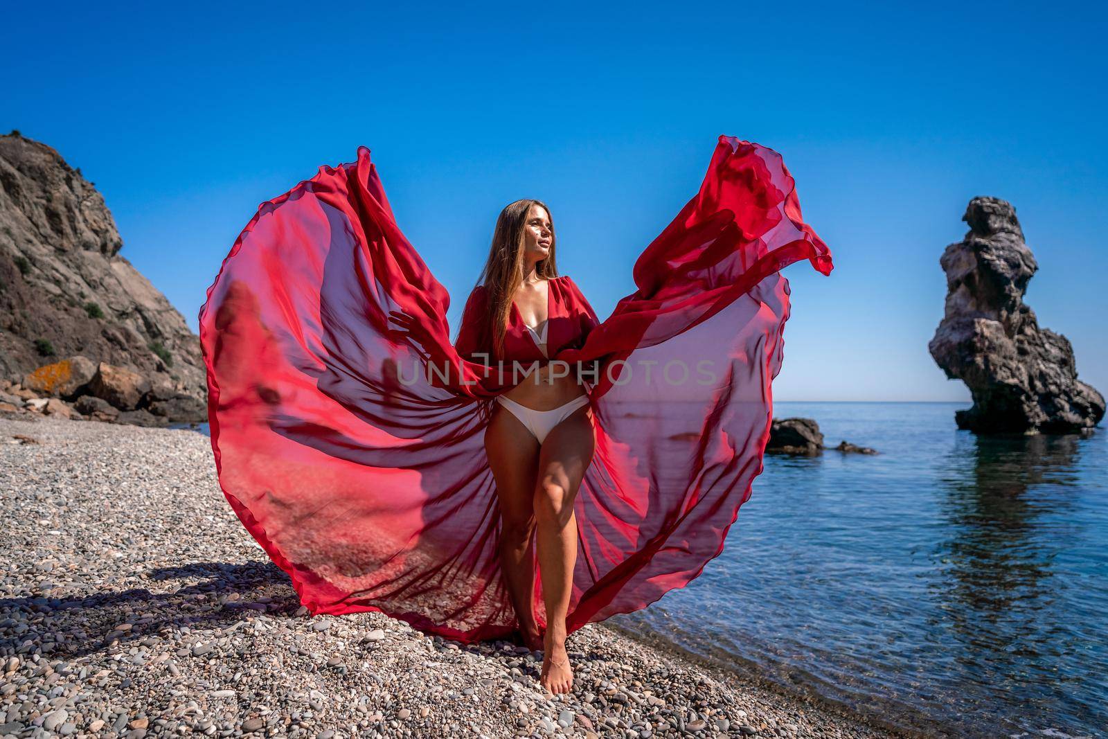 Beautiful sensual woman in a flying red dress and with long hair, stands on the seashore by Matiunina