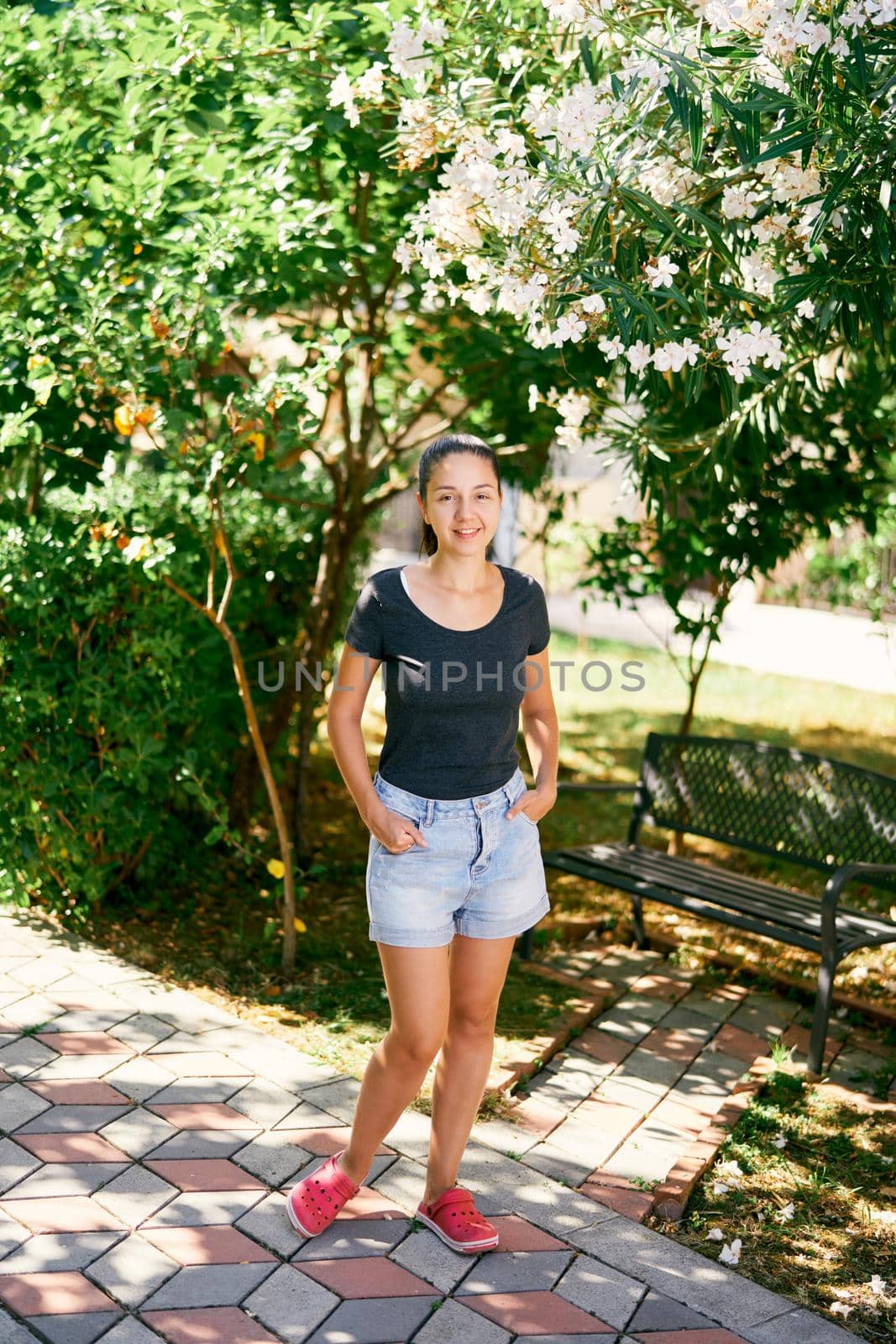 Young woman stands in the park near the bench. High quality photo