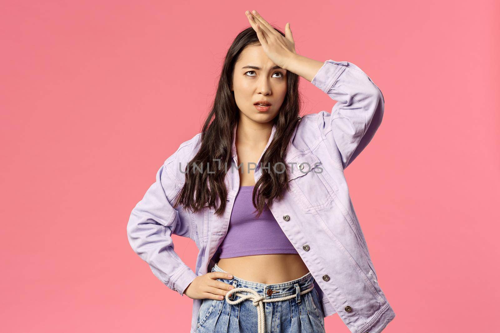 Portrait of sick and tired, annoyed young stylish girl taking care of new employee, facepalm, do eye roll and punch forehead sighing bothered, have lots of troubles, stand pink background by Benzoix