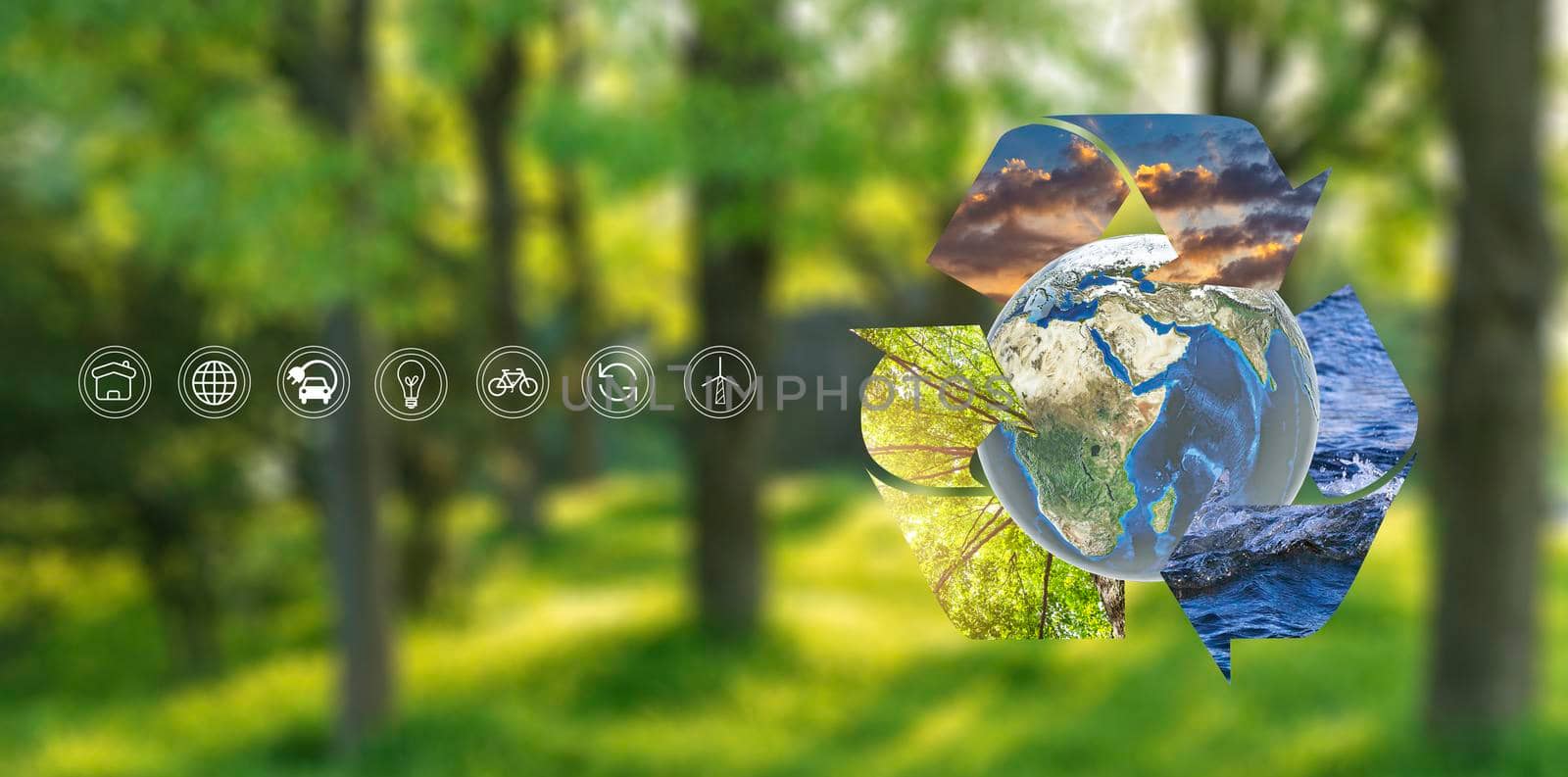 Environment concept Business man hold and show global with eco icon. business man with global and recycle wood sky water environmental conservation industry Environmental protection sustainable future by Satrinekarn