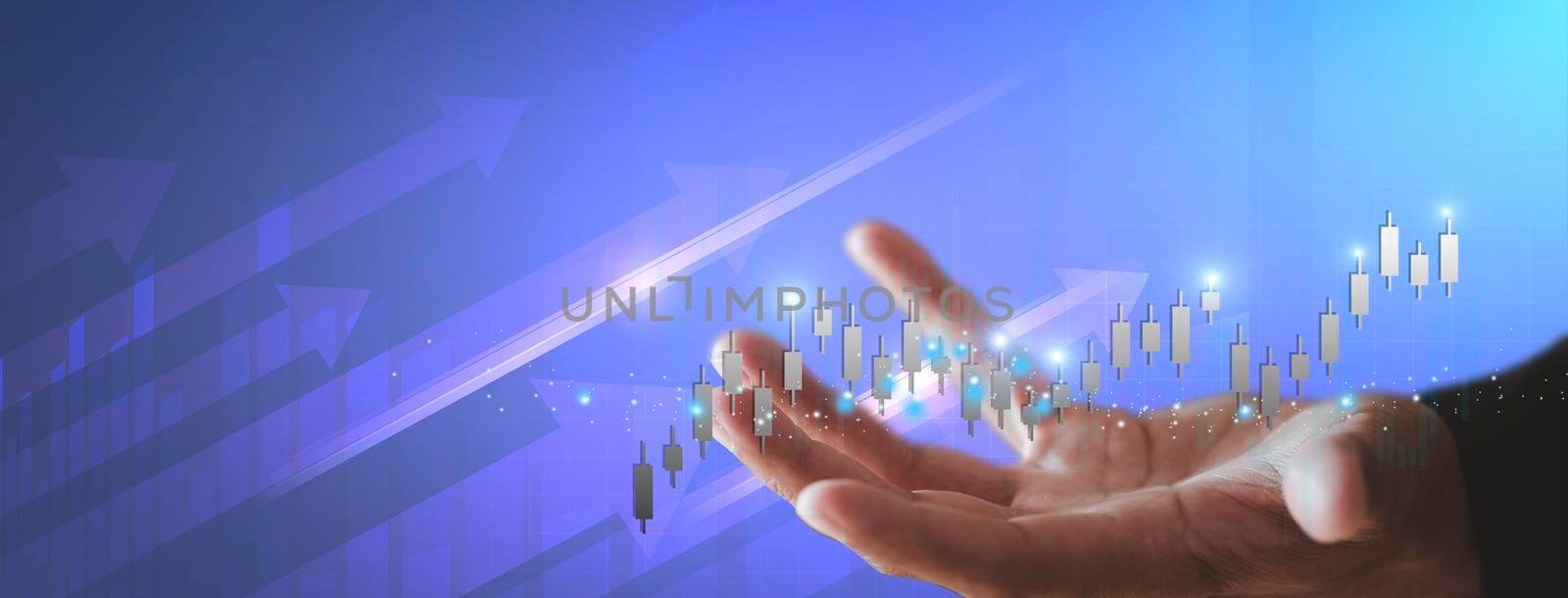 Businessman show stock market bar chart grow up to target. Business finance concept. Businessman's hands Show success graph, stocks grow every year With copy space banner