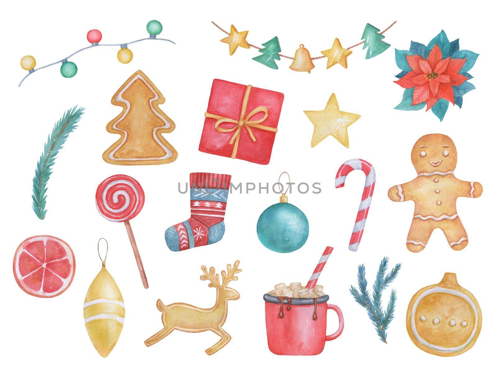 Christmas elements set. Watercolor Hot chocolate with Christmas Candy Cane and sock isolated on white background. Gift and cookie