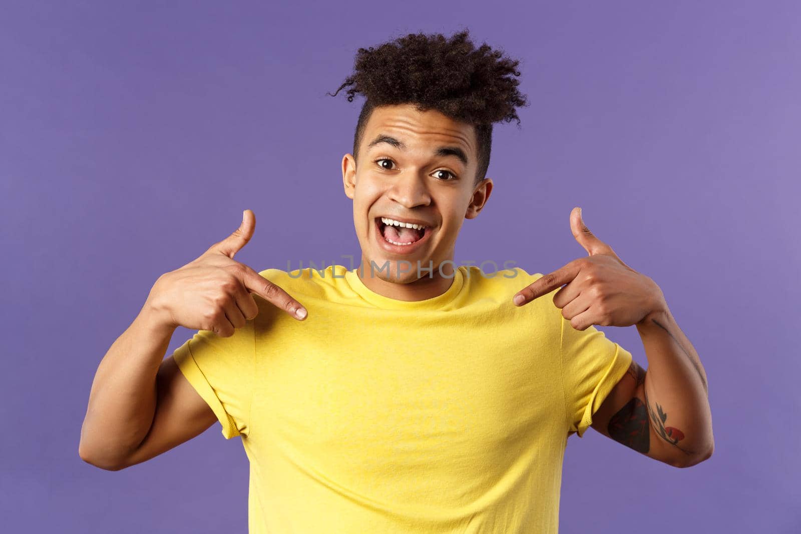 I am what you need. Close-up portrait of charismatic, cute smiling man boastful, proudly pointing at himself and talking won accomplishment, want to be candidate, participant, purple background by Benzoix