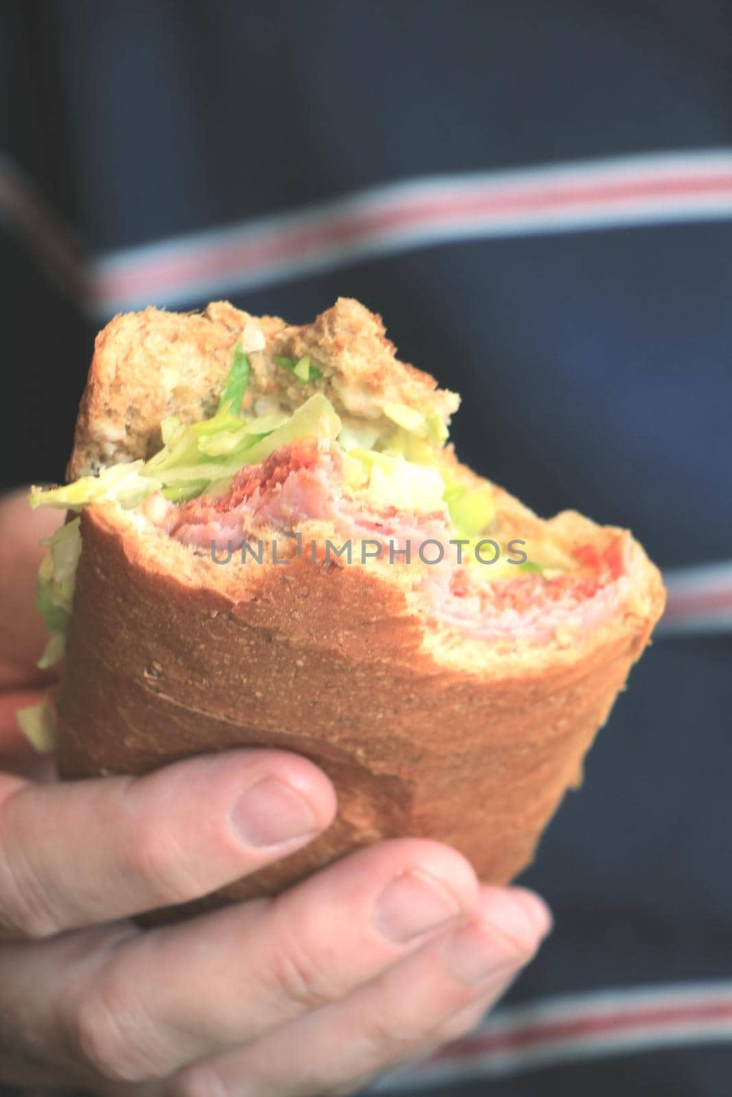 Man holding a fresh made sandwich with lettuce, cold cuts, vegetables and cheese