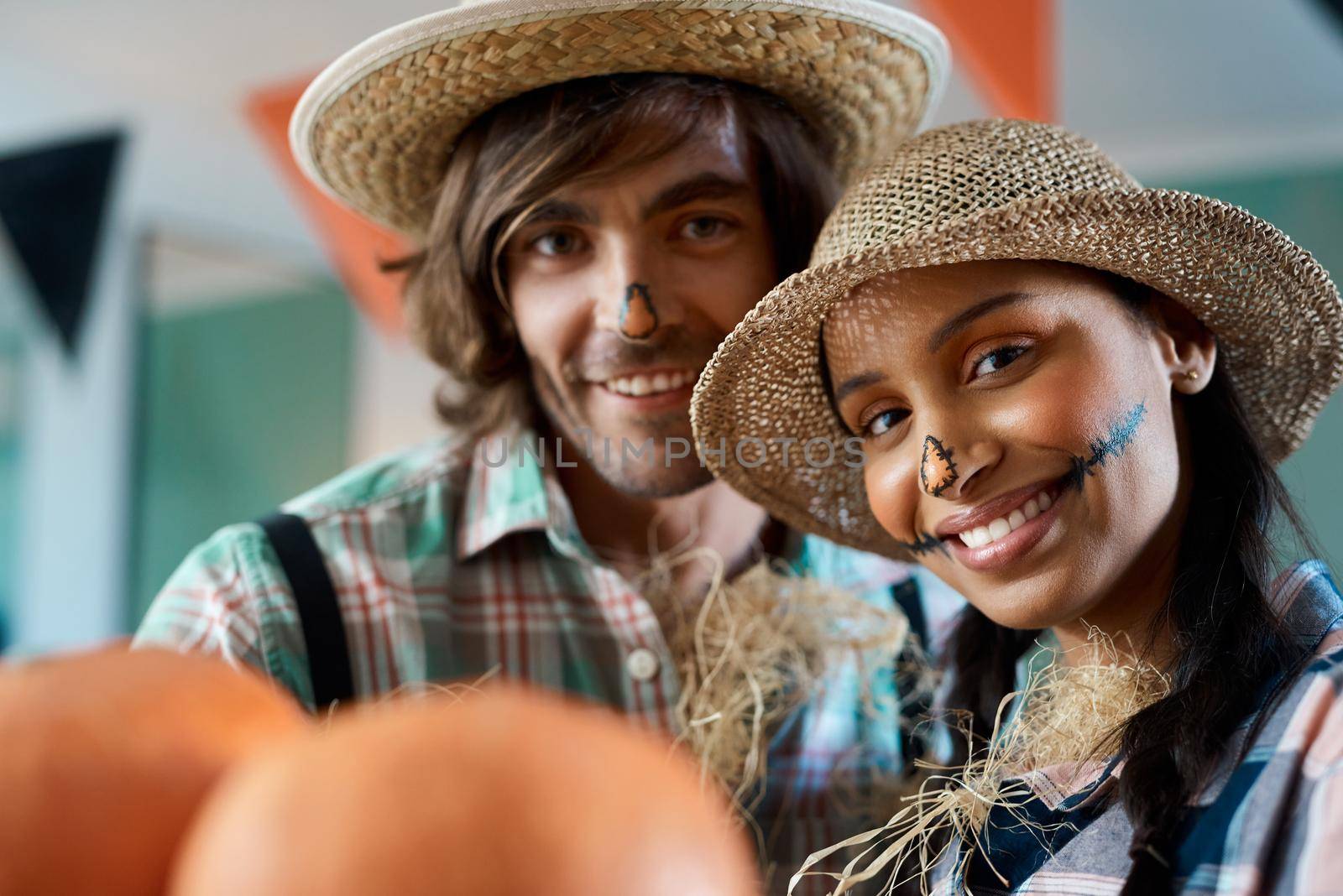 Hes the pumpkin to my spice. a young couple dressed up for halloween at home