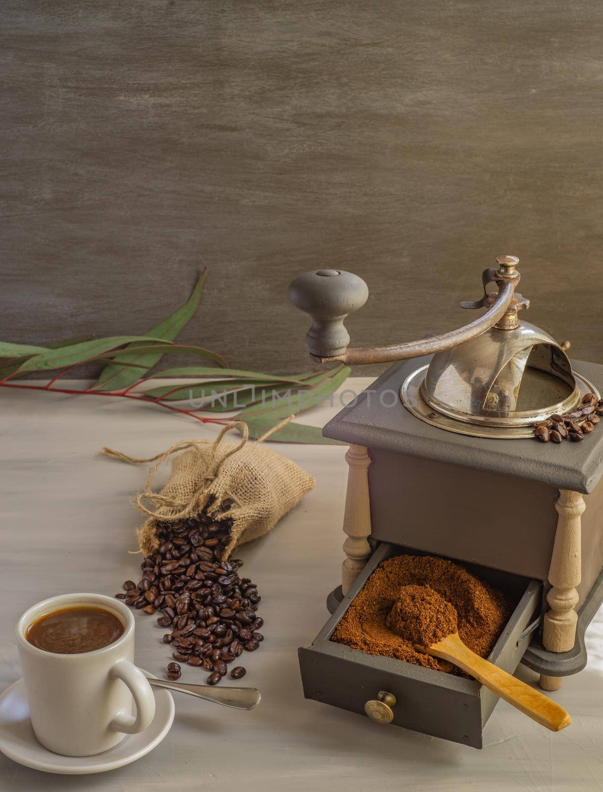 coffee beans and ground coffee with coffee grinder and flowers