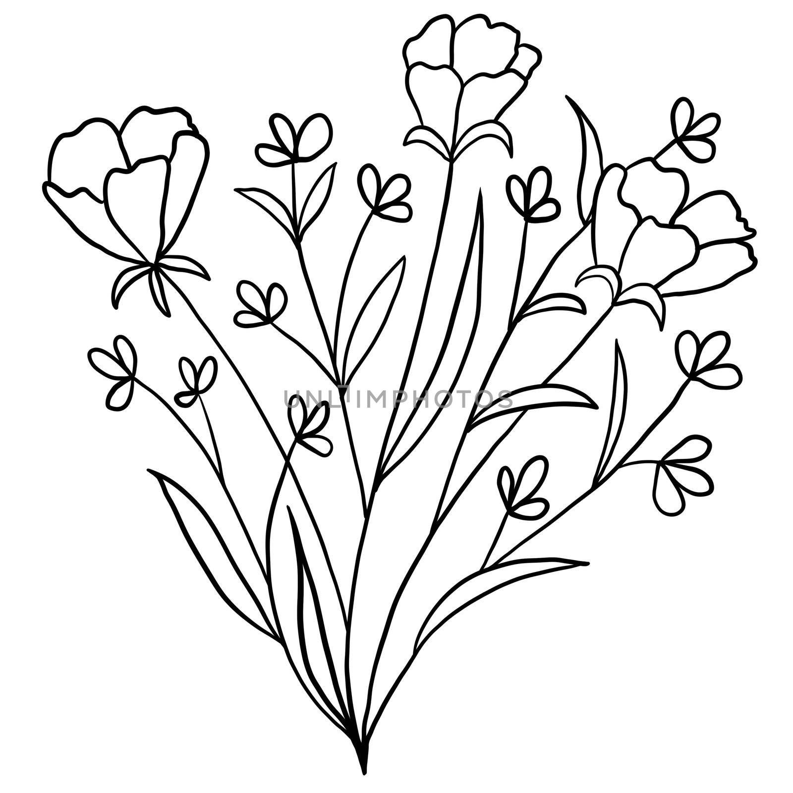 Hand drawn floral flower leaves illustration, black white elegant wedding ornament, Line art minimalism tatoo style design summer spring nature branch foliage blossom. by Lagmar