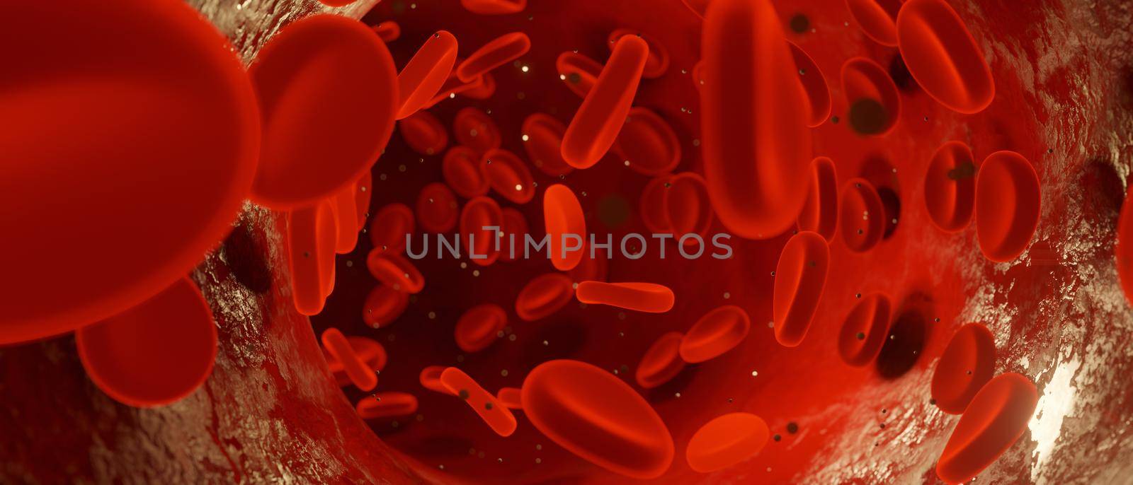 Red blood cells moving blood vessel panorama style. 3D rendering.