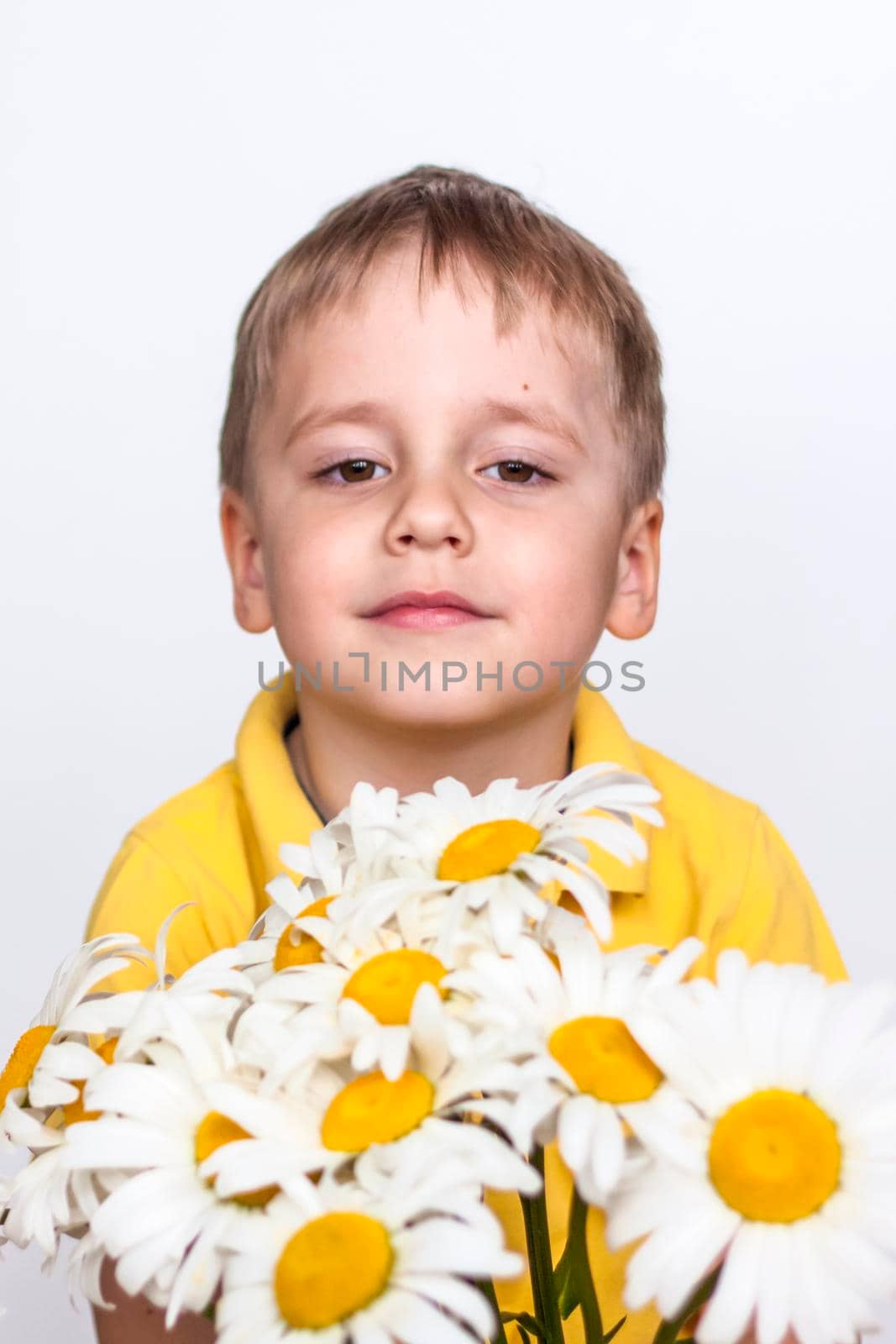 A cute boy with a beautiful bouquet of large daisies. Portrait of a child, funny and cute facial expression. Selective focus. A postcard for the celebration of the day of family, love and fidelity.