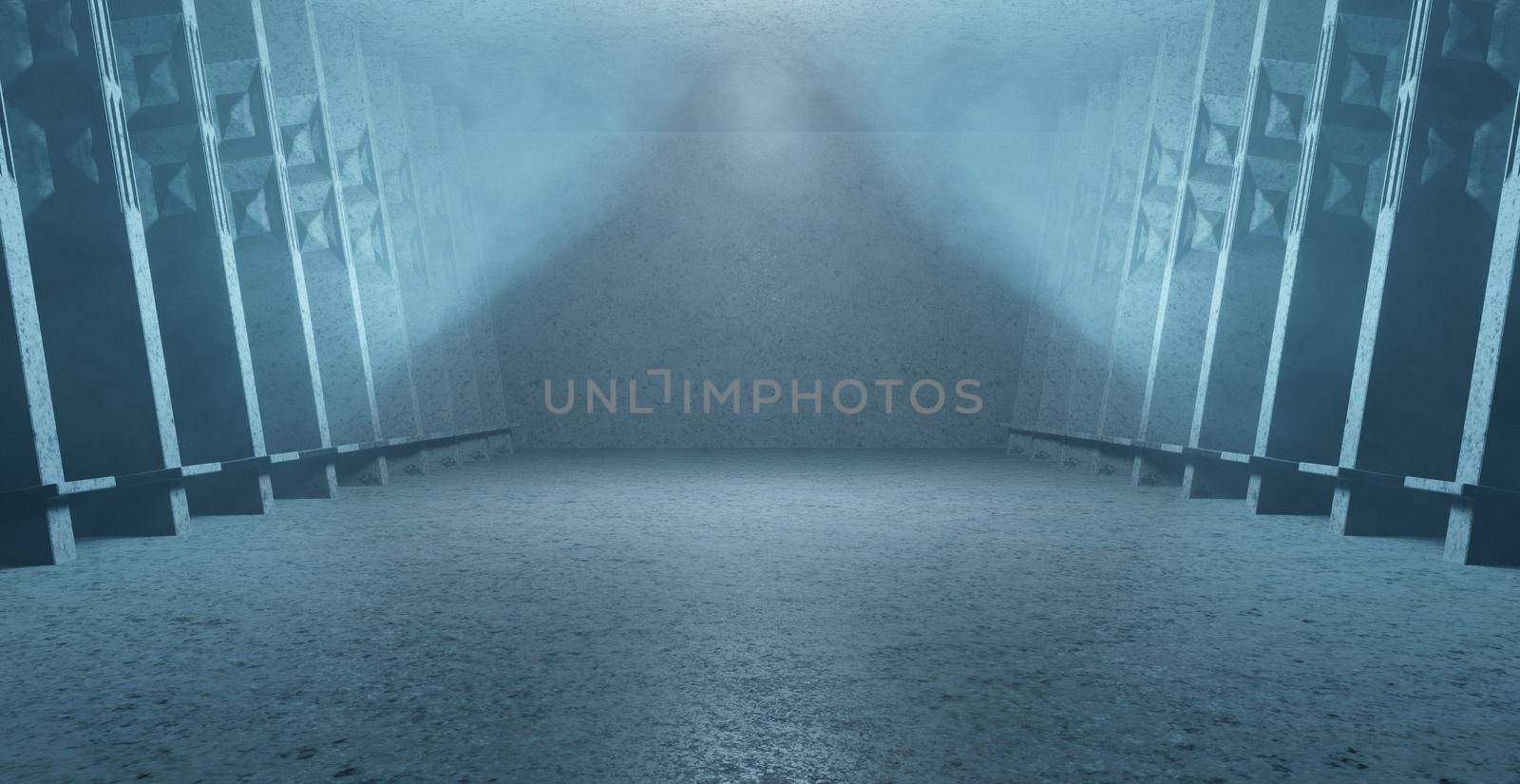Abstract Scene Huge Virtual Showroom Club Hallway With Light And Smoke Light Blue Turquoise Background Wallpaper 3D Render
