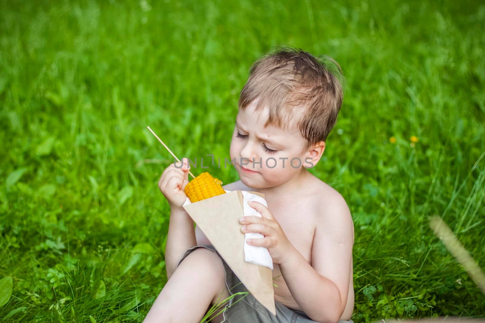 A cute blond boy appetizingly eats corn in the summer, sitting on the bank of the river on the juicy grass. Funny facial expression. summer heat, a child without a t-shirt