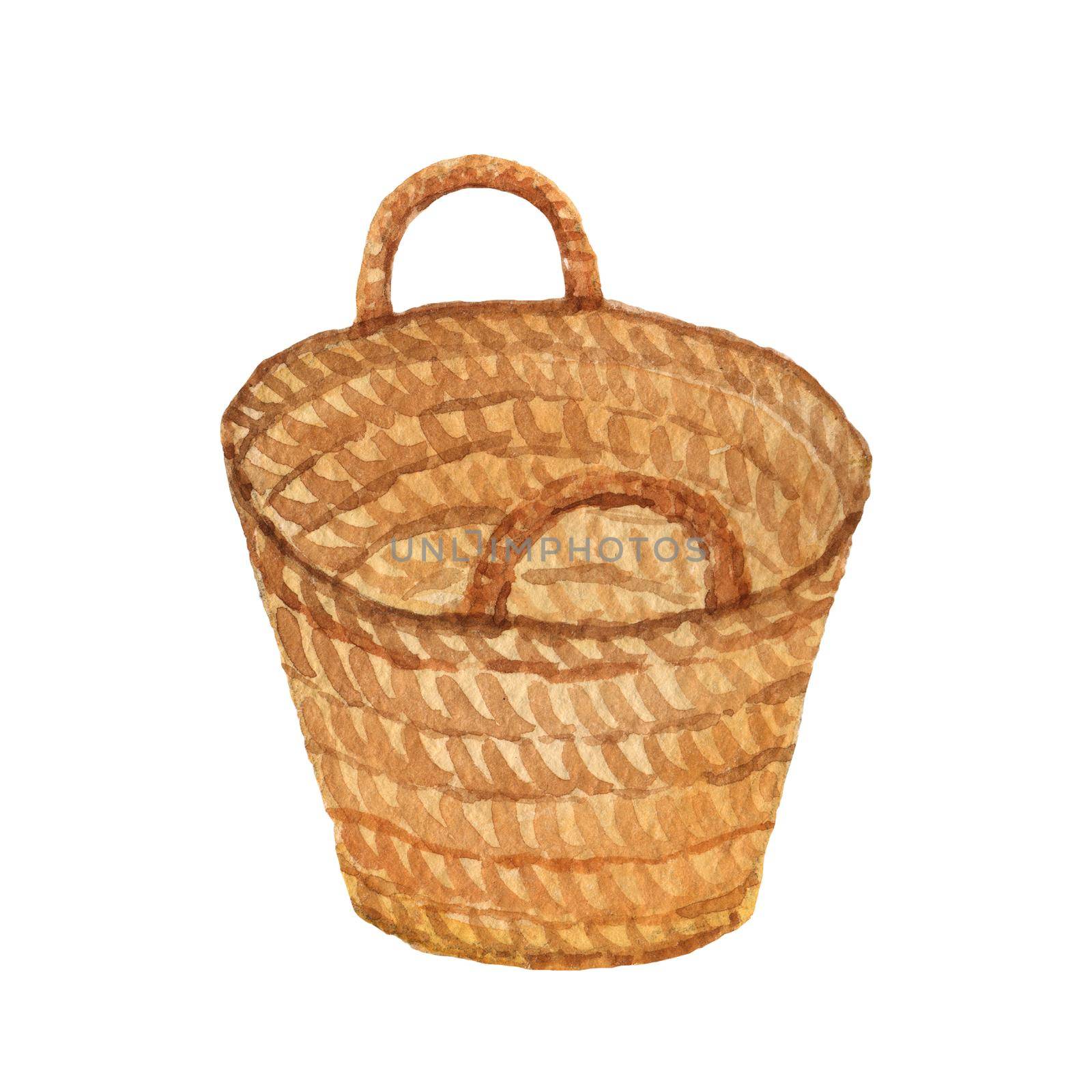 Watercolor illustration of wicker basket isolated on white background. Hand drawn illustration