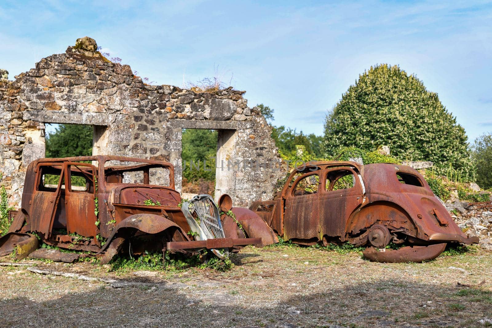 Destroyed cars during World War 2 in Oradour sur Glane France