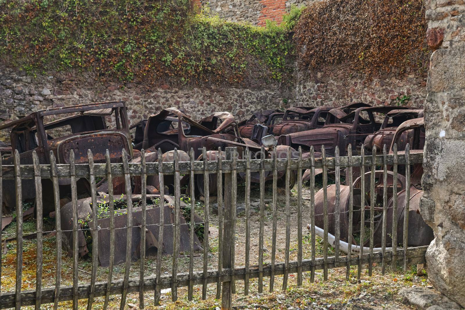 Destroyed cars during World War 2 in Oradour sur Glane France