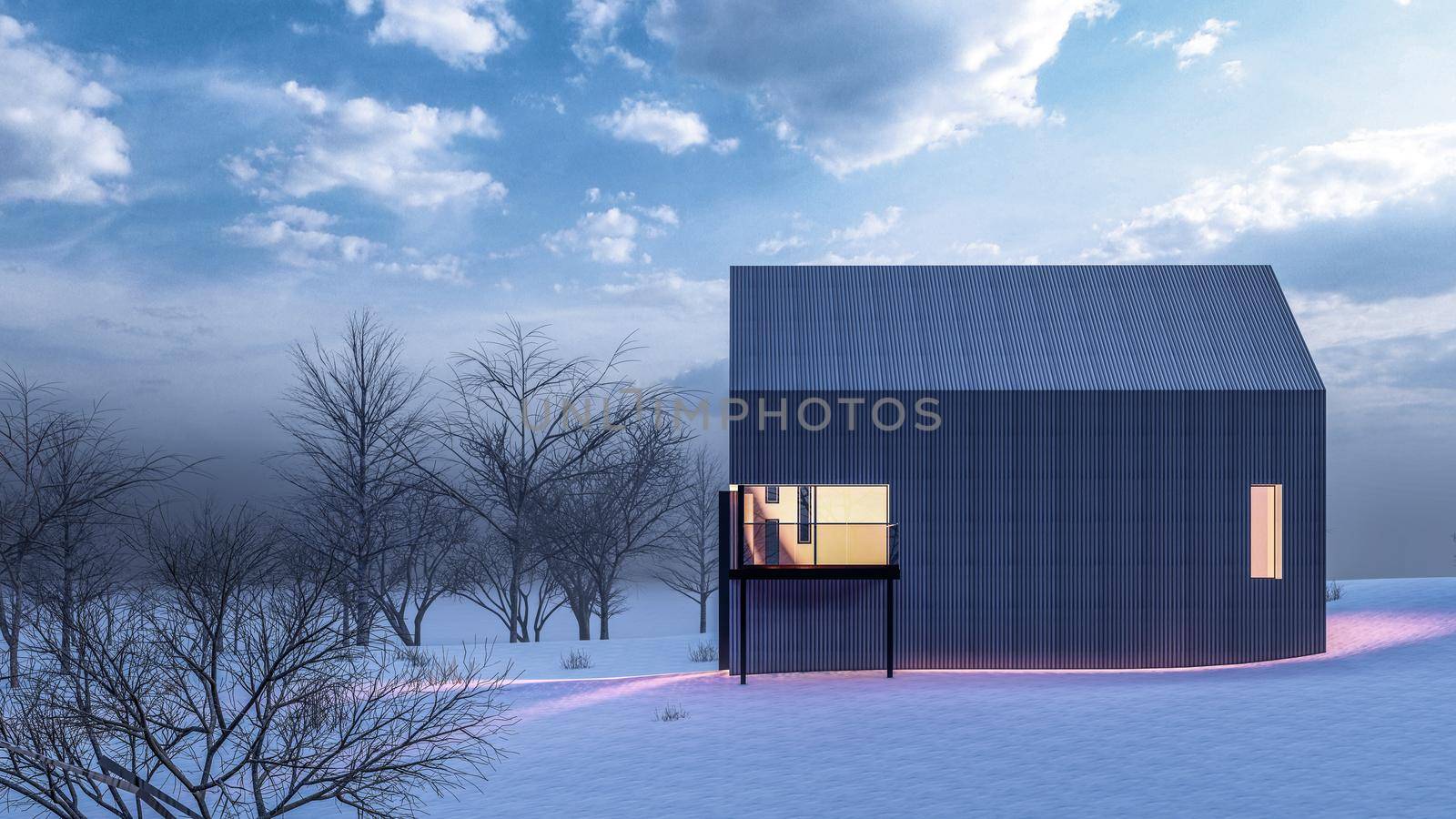 3D rendering illustration of modern house with snow landscape