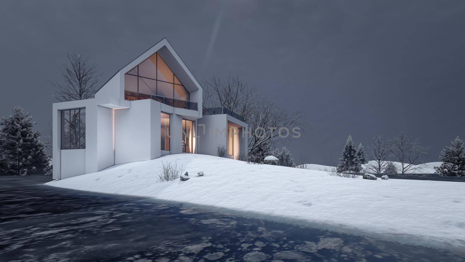 3D rendering illustration of modern house with snow landscape