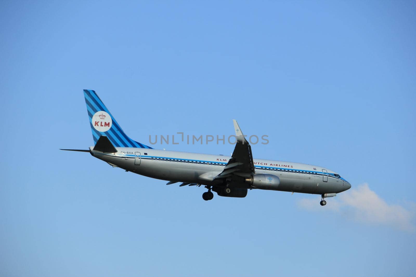 Amsterdam the Netherlands - May, 20th 2017: PH-BXA KLM Royal Dutch Airlines Boeing 737-800 approaching Schiphol Polderbaan runway, painted in retro livery for KLM 90th anniversary