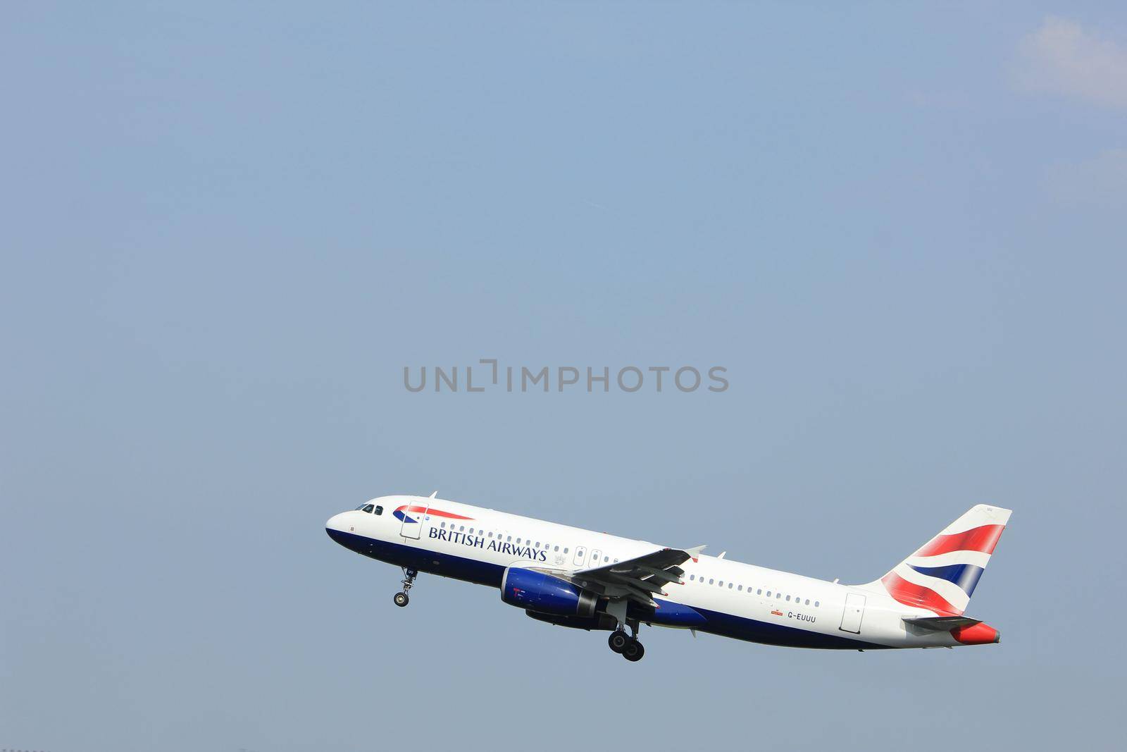 Amsterdam, the Netherlands  -  June 2nd, 2017: G-EUUU British Airways Airbus A320-200 taking off from Polderbaan Runway Amsterdam Airport Schiphol