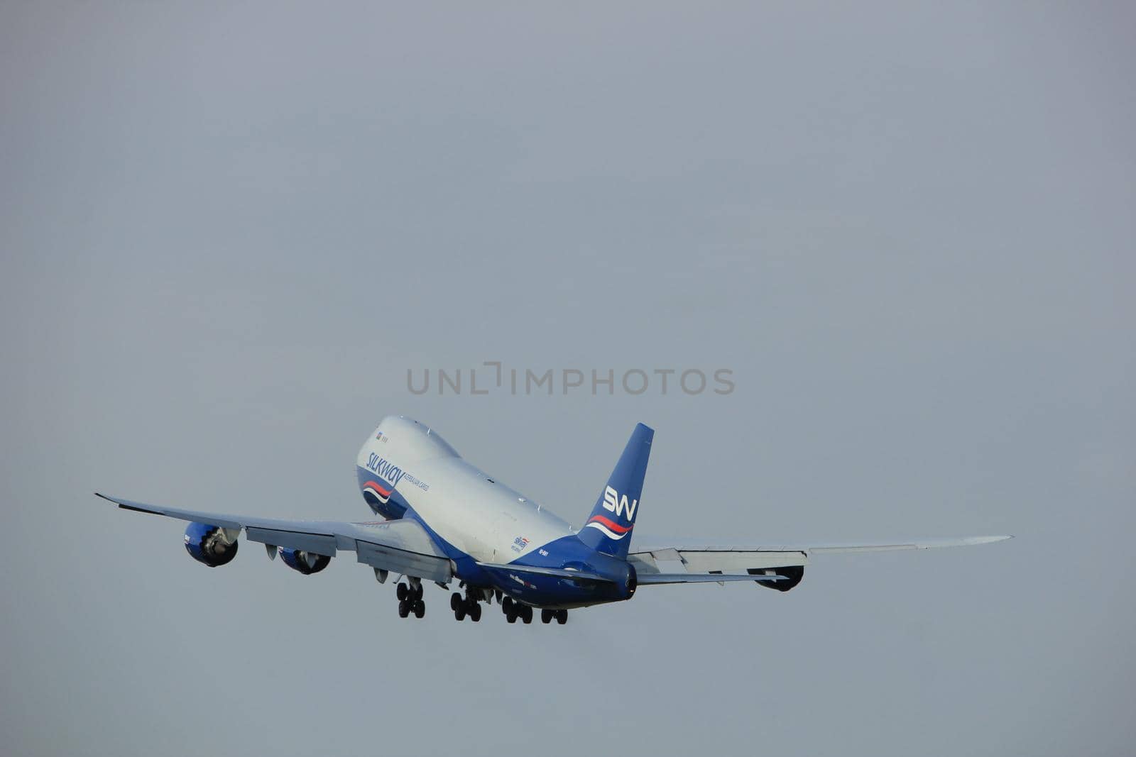 Amsterdam, the Netherlands  -  June 2nd, 2017: VQ-BWY Silk Way West Airlines Boeing 747 taking off from Polderbaan Runway Amsterdam Airport Schiphol