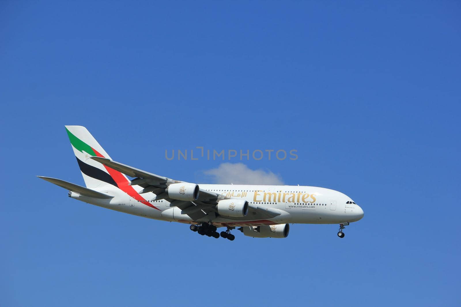 Amsterdam the Netherlands - July 9th 2017: A6-EUA Emirates Airbus A380-800 approaching Schiphol Amsterdam Airport Kaagbaan runway