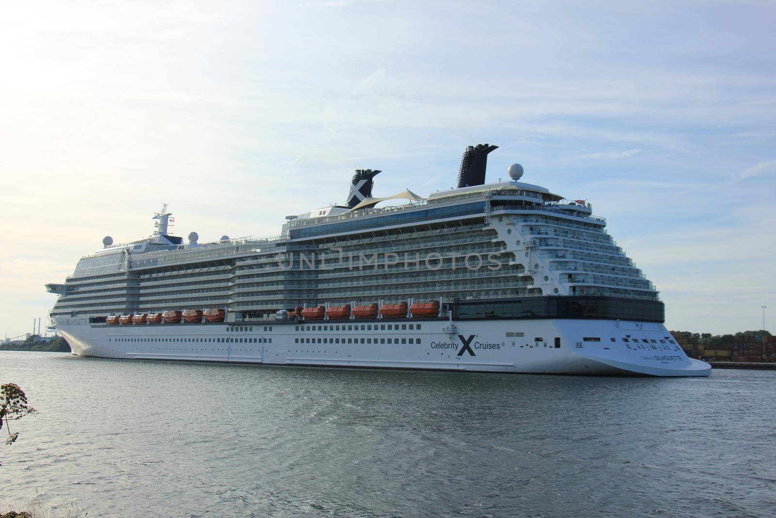 Velsen, The Netherlands - July 20th 2017: Celebrity Silhouette is a Solstice-class cruise ship, owned and operated by Celebrity Cruises, built by Meyer Werft, Papenburg. The Silhouette is 315 m (1,033 ft) long.