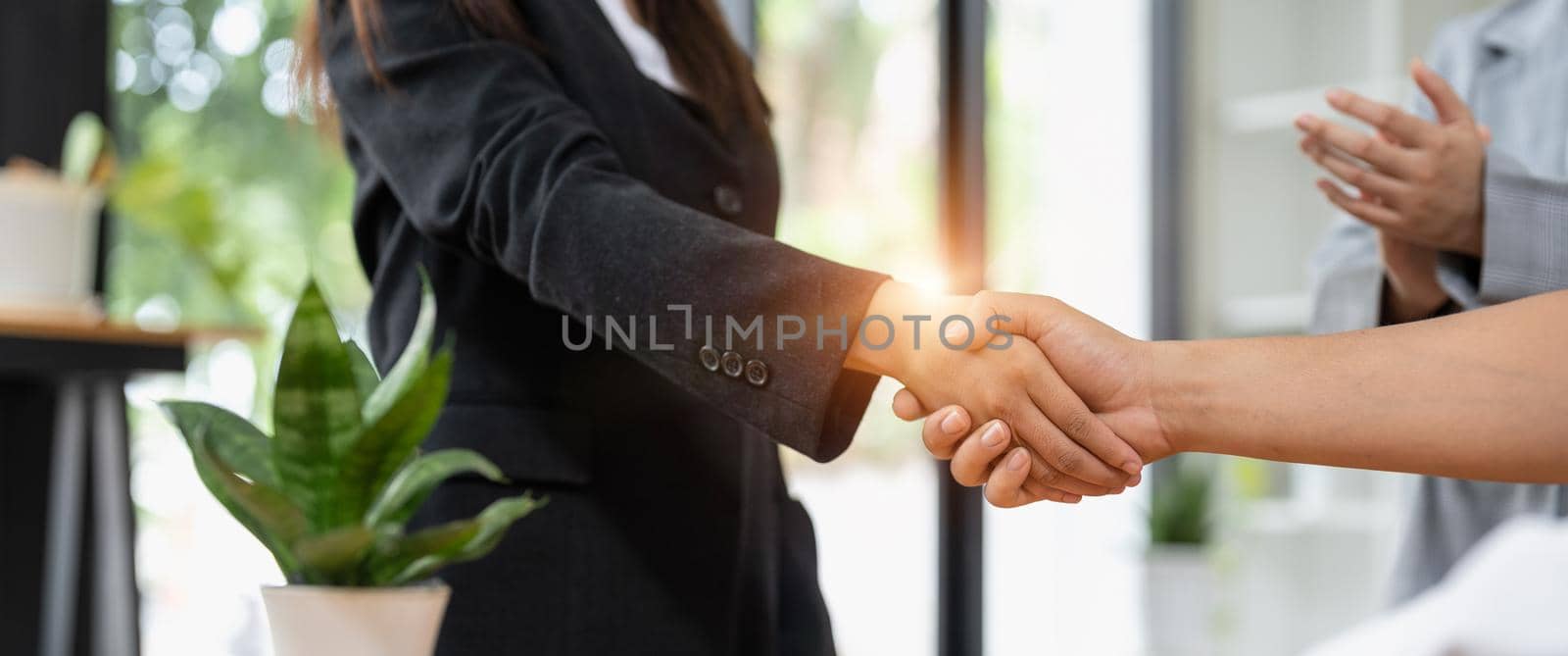 Millennial businessmen colleagues shaking hands on meeting in office, diverse enterpreneurs striking good deal, multiethnic teammates succeed in common project work by nateemee