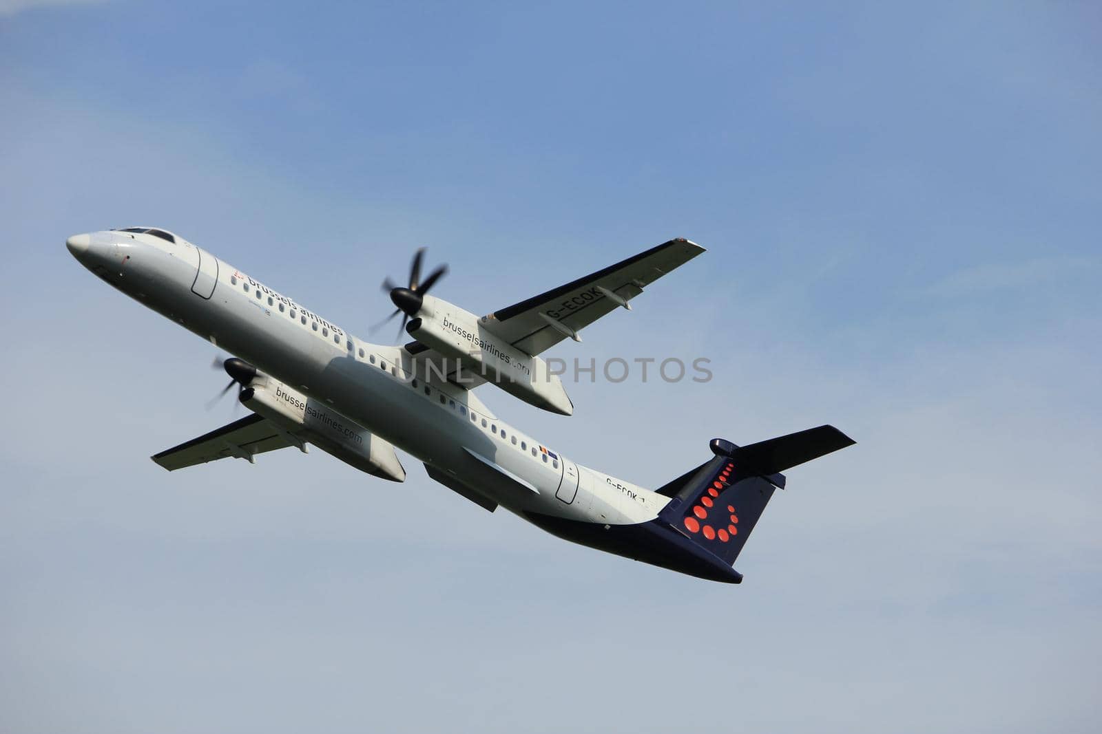 Amsterdam, the Netherlands  -  June 2nd, 2017: G-ECOK Brussels Airlines De Havilland Canada DHC-8 taking off from Polderbaan Runway Amsterdam Airport Schiphol