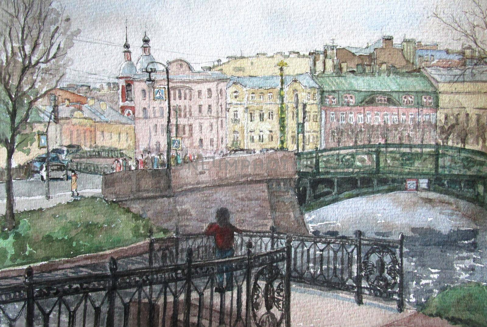 Saint Petersburg bridges in spring, watercolor . High quality photo